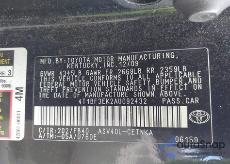 2010 Toyota Camry Le из США, поврежденный, VIN 4T1BF3EK2AU092432